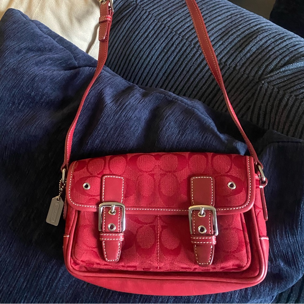 COACH red canvas trimmed with red leather Crossbody Bag